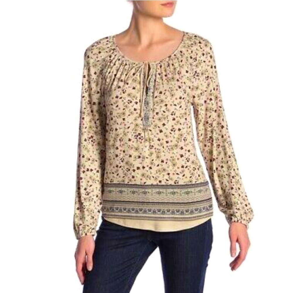 SUSINA boho Floral Long-Sleeve Tassel Blouse women’s size S